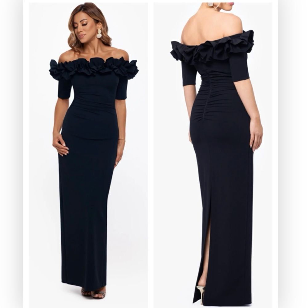 Xscape 3856X Isla Long Scuba CrepeโOff The Shoulder Ruffle $239